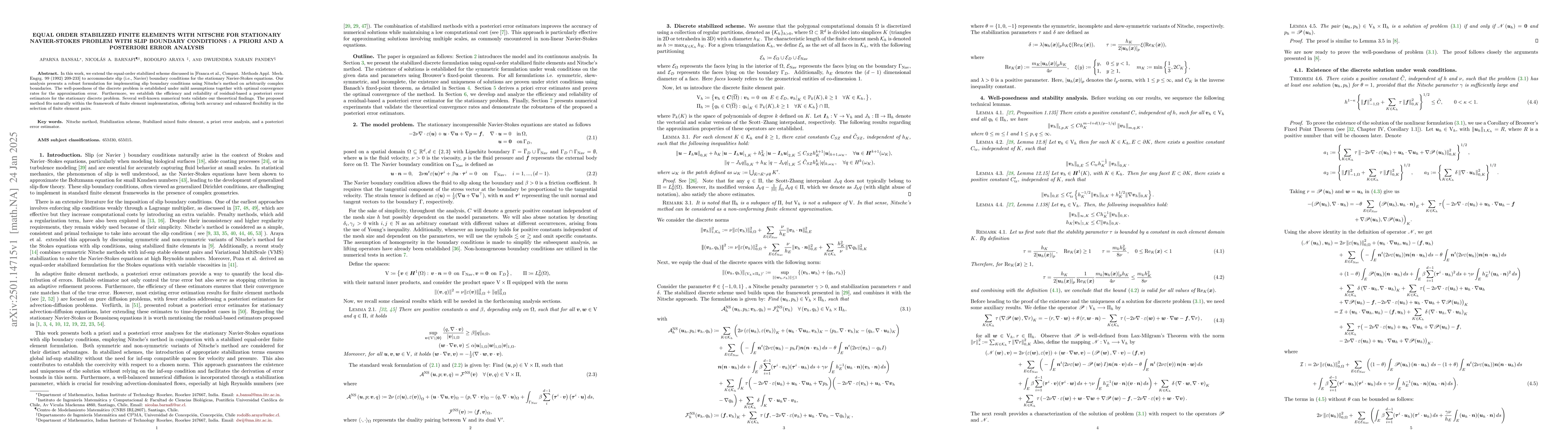 Thumbnail for Equal order stabilized finite elements with Nitsche for stationary
  Navier-Stokes problem with slip boundary conditions : a priori and a
  posteriori error analysis