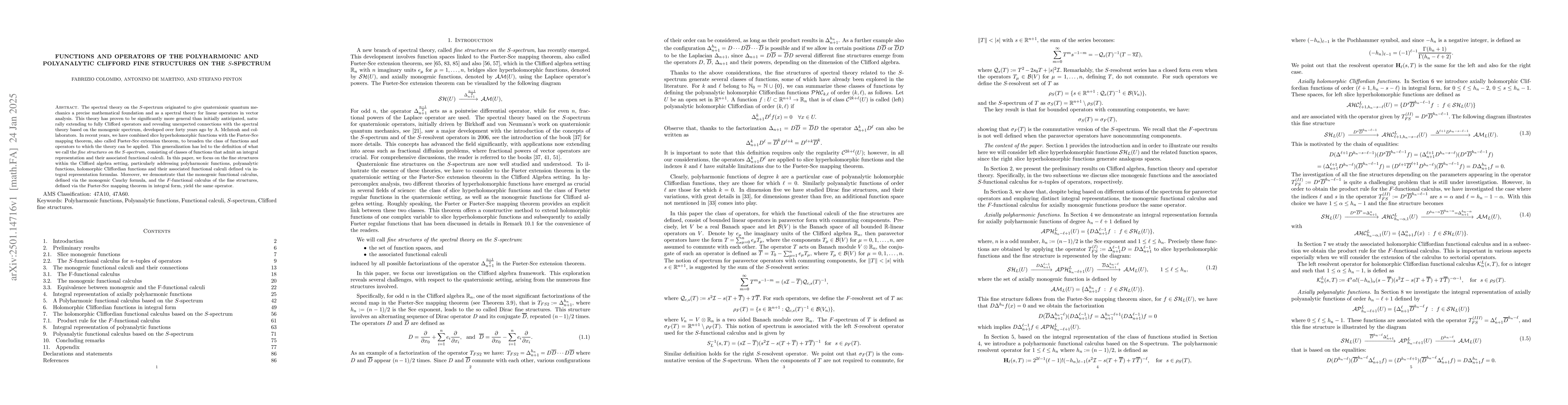Thumbnail for Functions and operators of the polyharmonic and polyanalytic Clifford
  fine structures on the $S$-spectrum