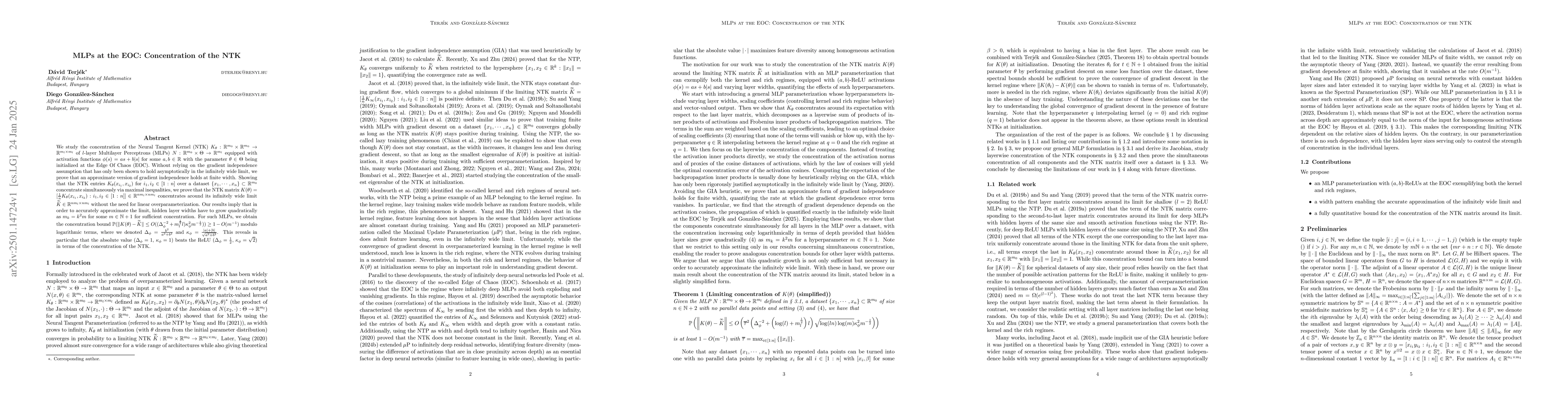 Thumbnail for MLPs at the EOC: Concentration of the NTK