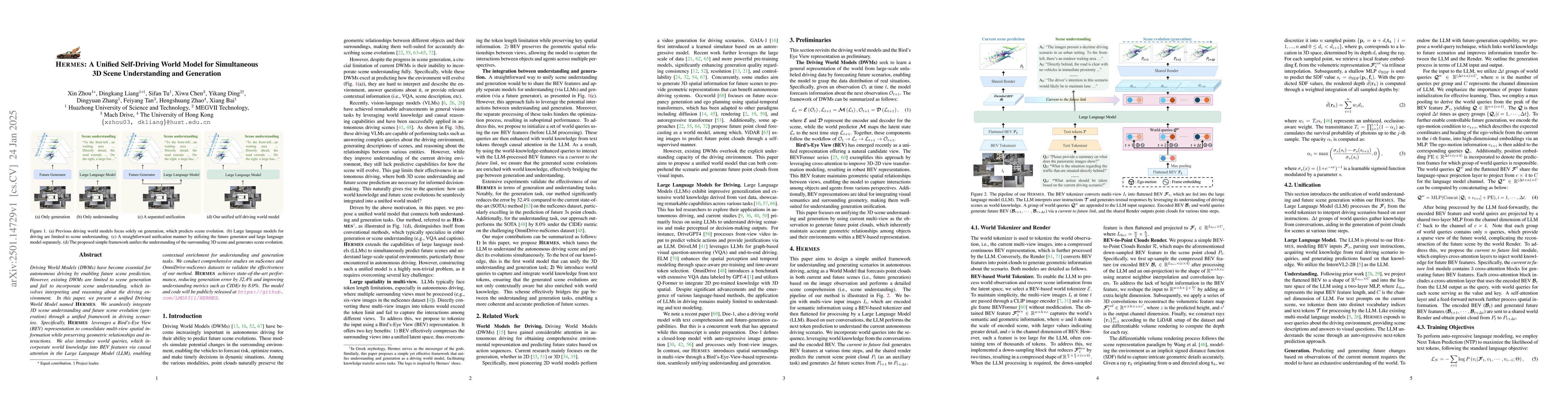 Thumbnail for HERMES: A Unified Self-Driving World Model for Simultaneous 3D Scene
  Understanding and Generation