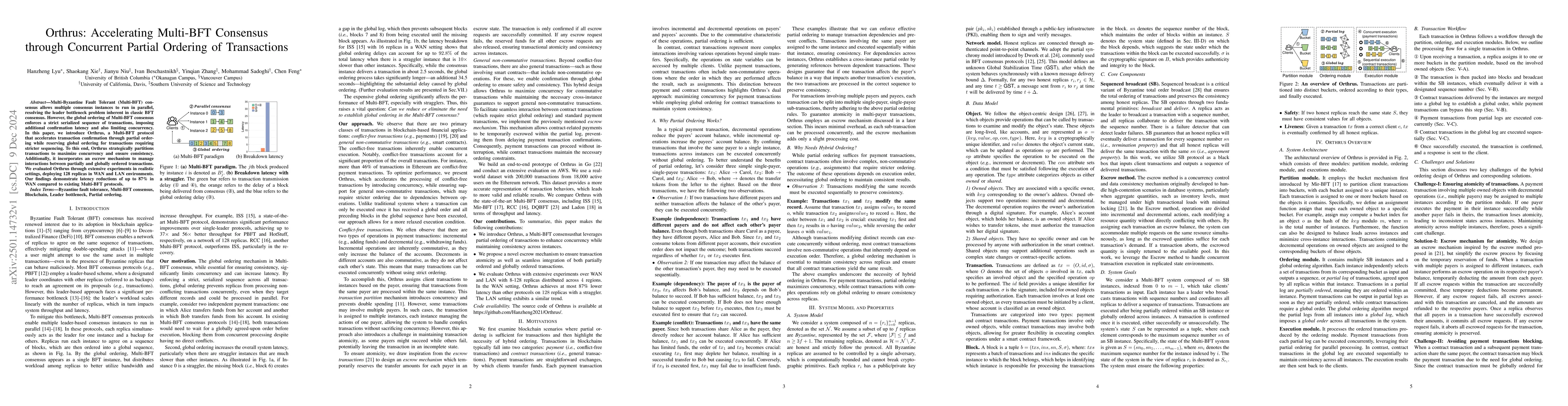 Thumbnail for Orthrus: Accelerating Multi-BFT Consensus through Concurrent Partial
  Ordering of Transactions