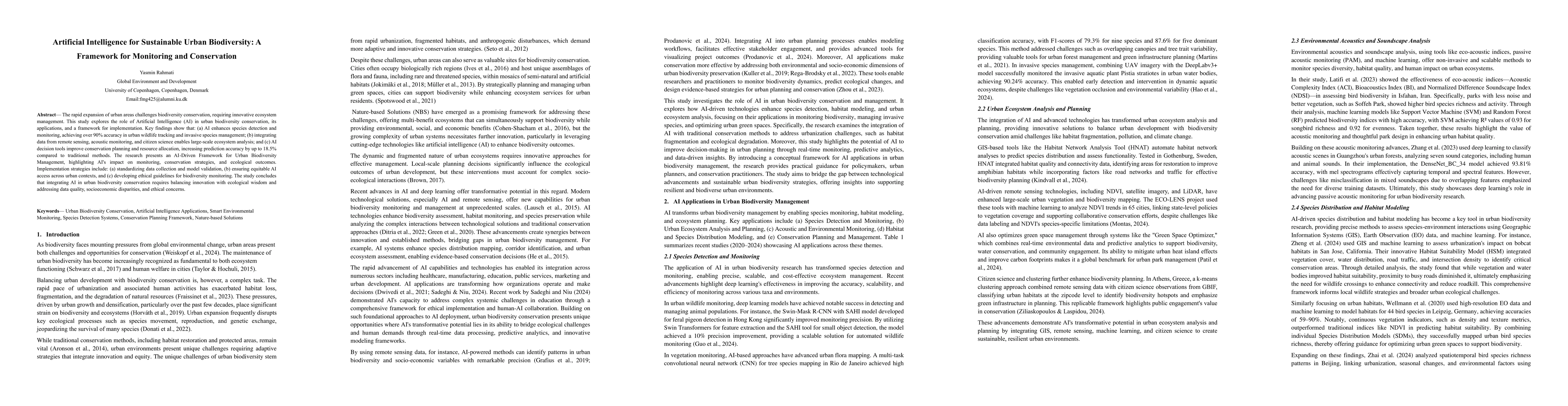 Thumbnail for Artificial Intelligence for Sustainable Urban Biodiversity: A Framework
  for Monitoring and Conservation