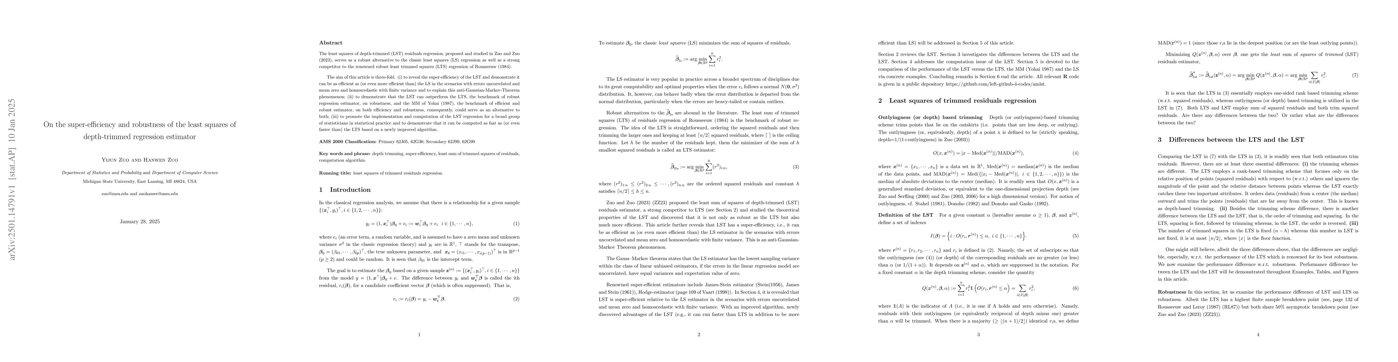 Thumbnail for On the super-efficiency and robustness of the least squares of
  depth-trimmed regression estimator