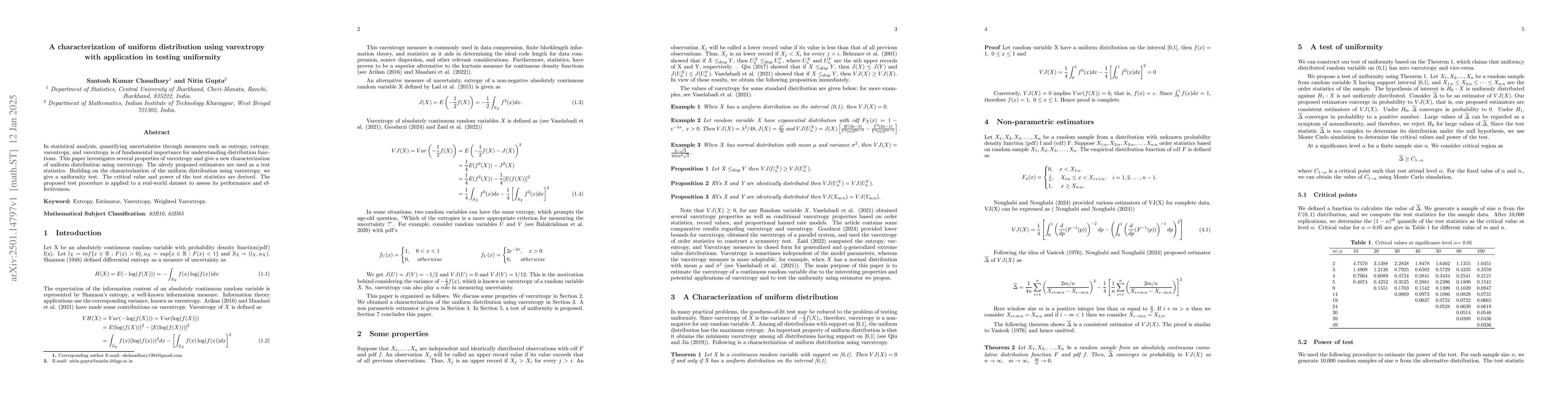Thumbnail for A characterization of uniform distribution using varextropy with
  application in testing uniformity