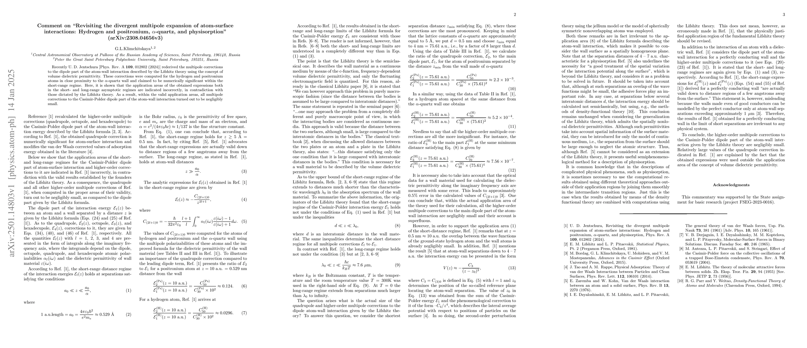 Thumbnail for Comment on "Revisiting the divergent multipole expansion of atom-surface
  interactions: Hydrogen and positronium, $α$-quartz, and physisorption"
  (arXiv:2308.04656v3)