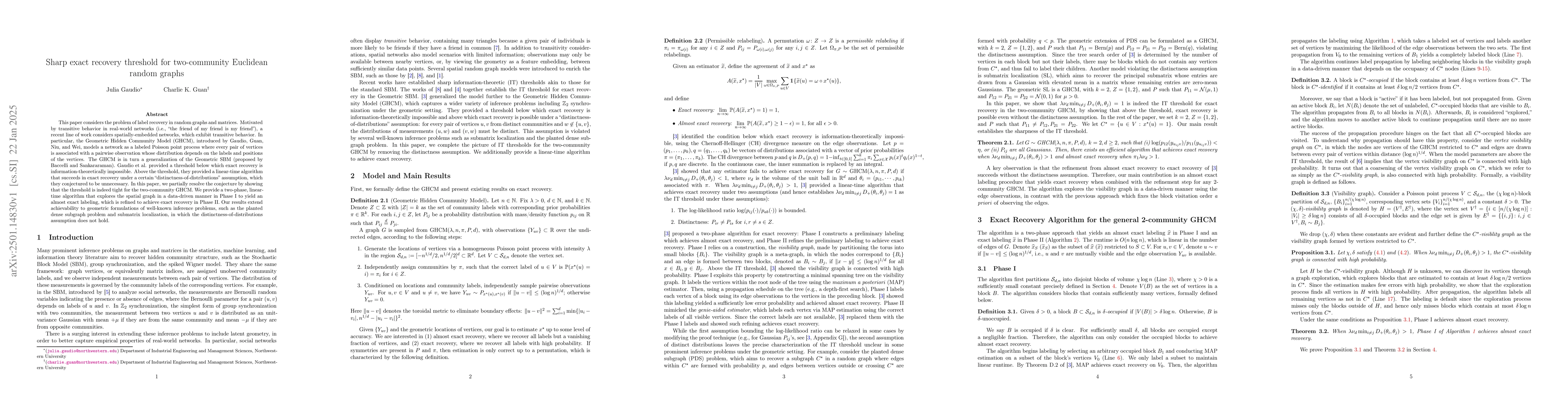 Thumbnail for Sharp exact recovery threshold for two-community Euclidean random graphs