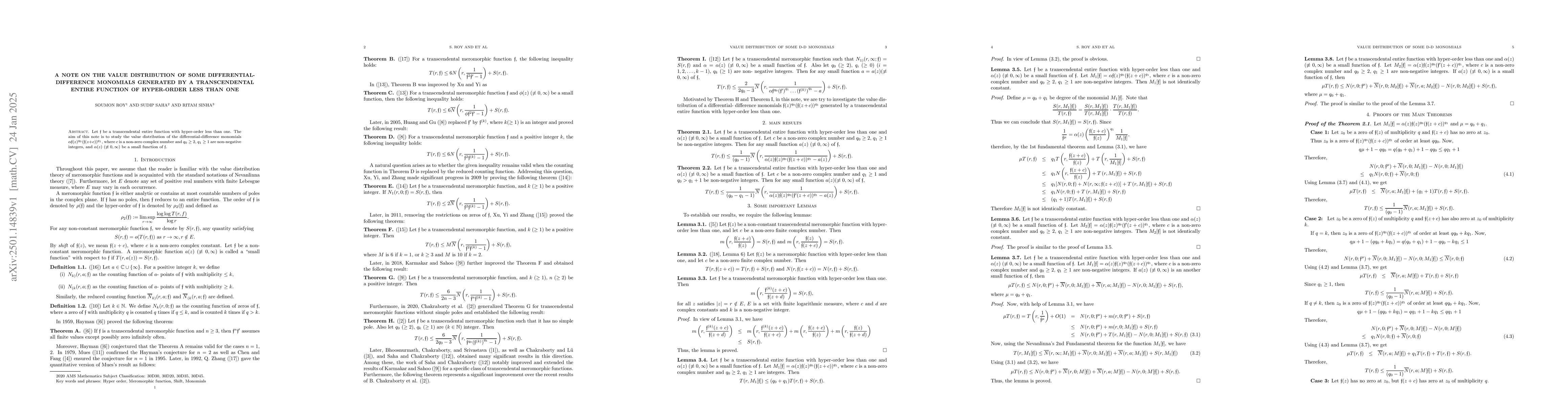 Thumbnail for A Note on the value distribution of some differential-difference
  monomials generated by a transcendental entire function of hyper-order less
  than one