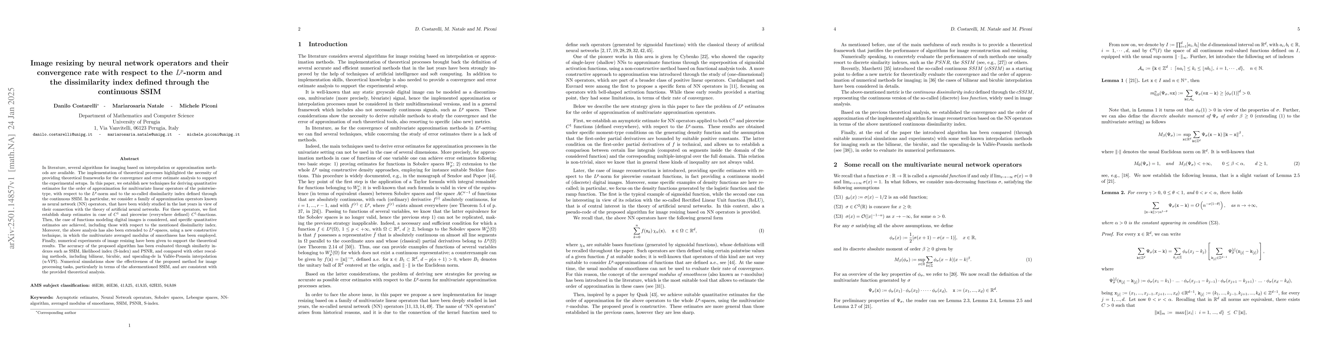 Thumbnail for Image resizing by neural network operators and their convergence rate
  with respect to the $L^p$-norm and the dissimilarity index defined through
  the continuous SSIM