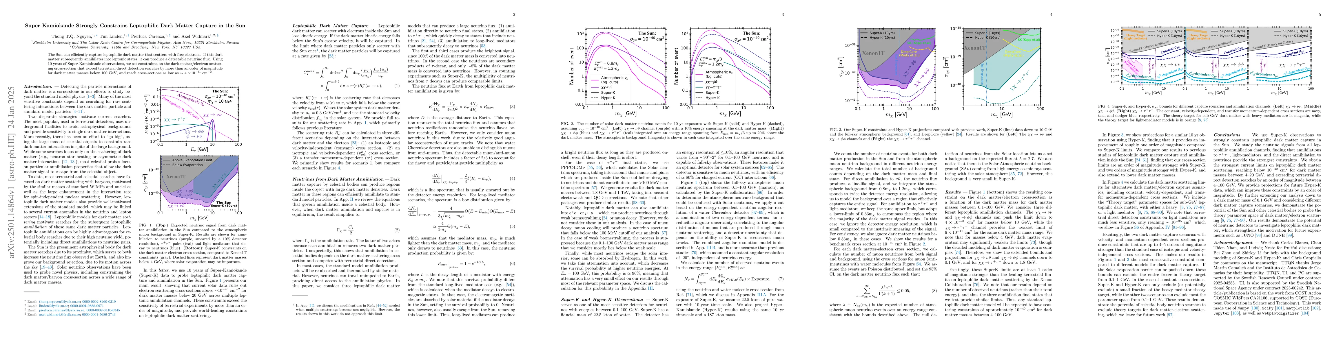 Thumbnail for Super-Kamiokande Strongly Constrains Leptophilic Dark Matter Capture in
  the Sun