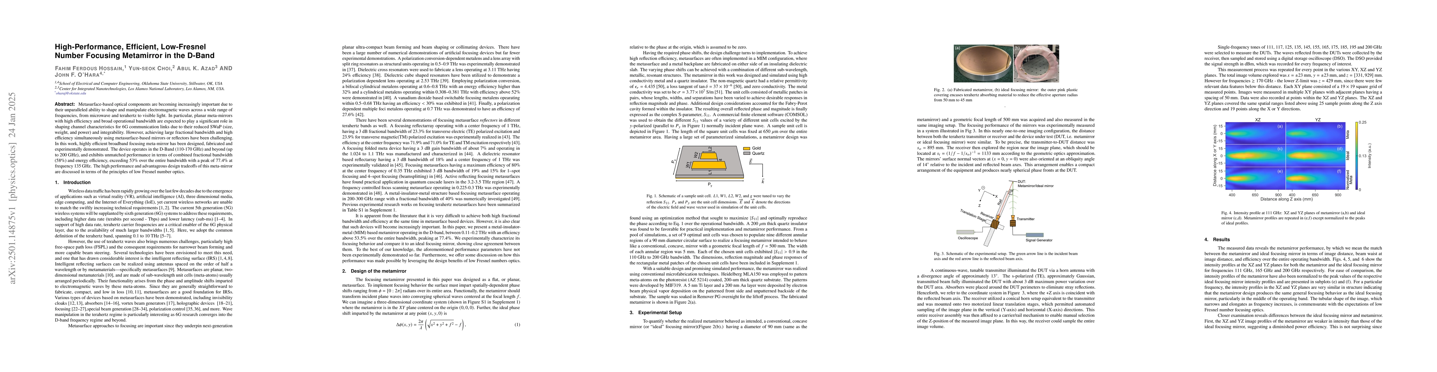 Thumbnail for High-Performance, Efficient, Low-Fresnel Number Focusing Metamirror in
  the D-Band