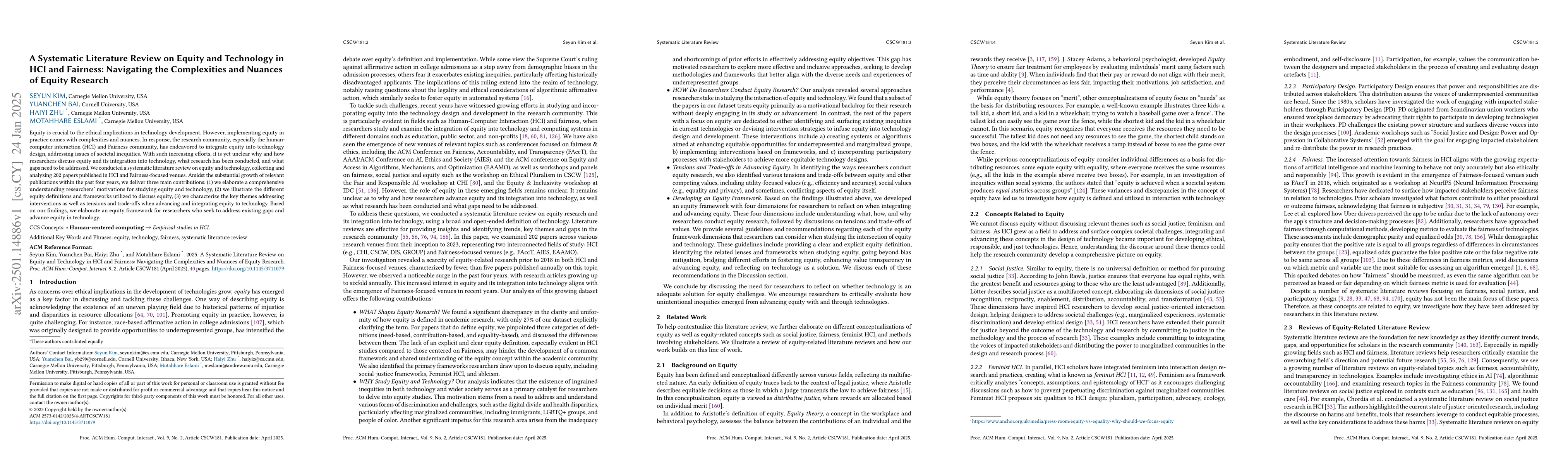 Thumbnail for A Systematic Literature Review on Equity and Technology in HCI and
  Fairness: Navigating the Complexities and Nuances of Equity Research