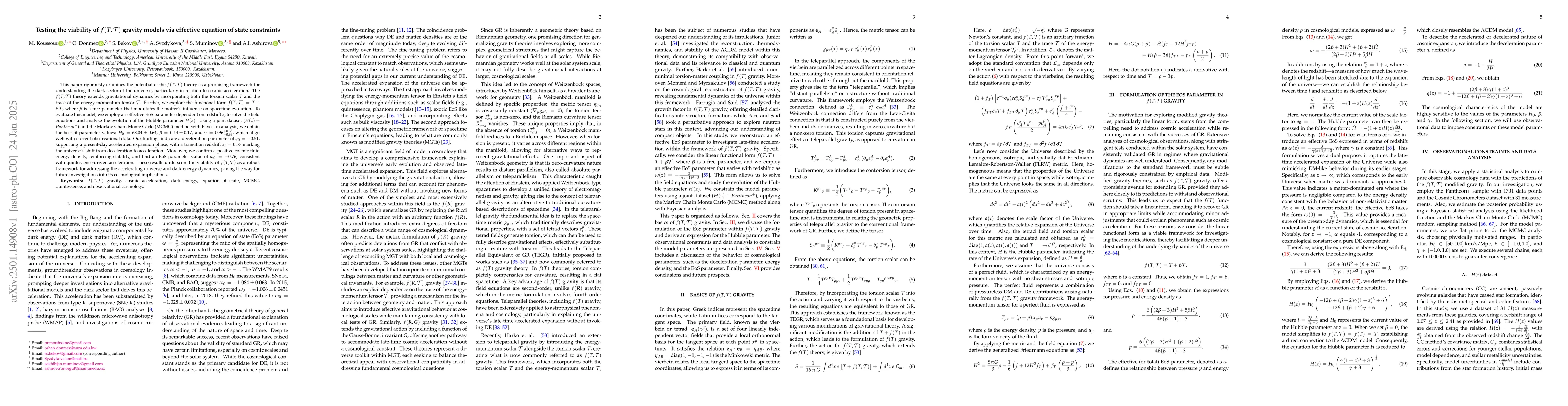 Thumbnail for Testing the viability of $f(T, \mathcal{T})$ gravity models via
  effective equation of state constraints
