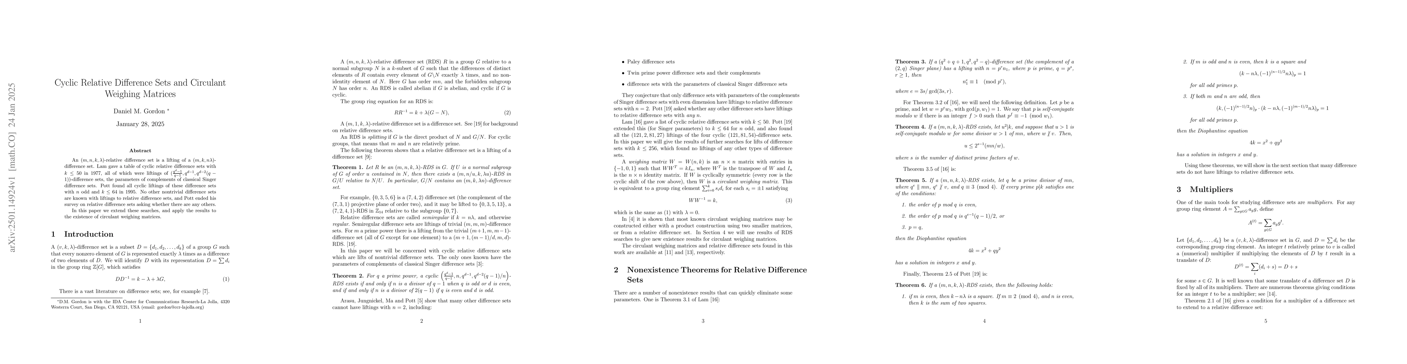 Thumbnail for Cyclic relative difference sets and circulant weighing matrices