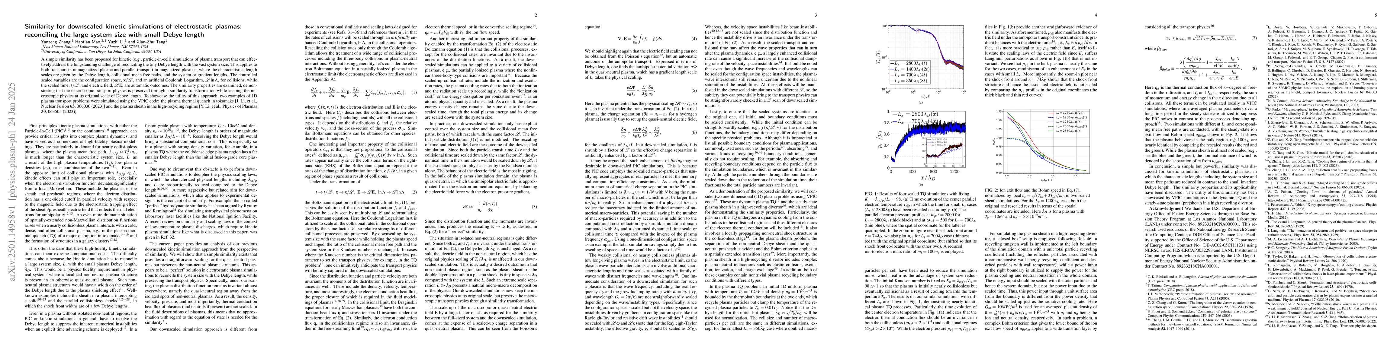 Thumbnail for Similarity for downscaled kinetic simulations of electrostatic plasmas:
  reconciling the large system size with small Debye length