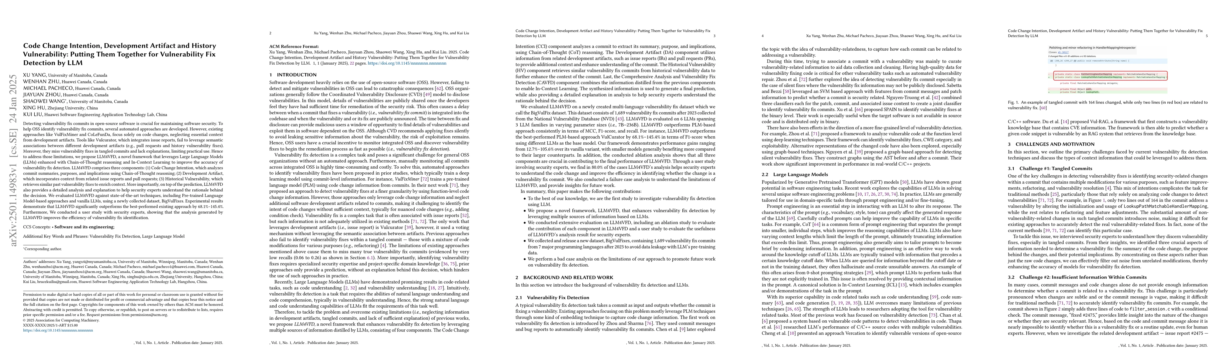 Thumbnail for Code Change Intention, Development Artifact and History Vulnerability:
  Putting Them Together for Vulnerability Fix Detection by LLM