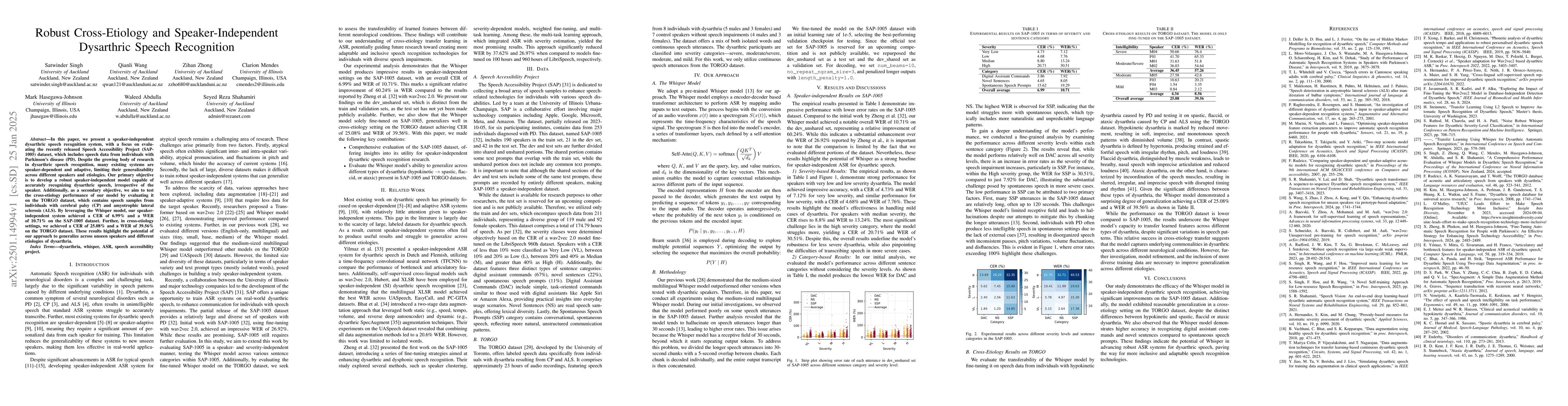 Thumbnail for Robust Cross-Etiology and Speaker-Independent Dysarthric Speech
  Recognition