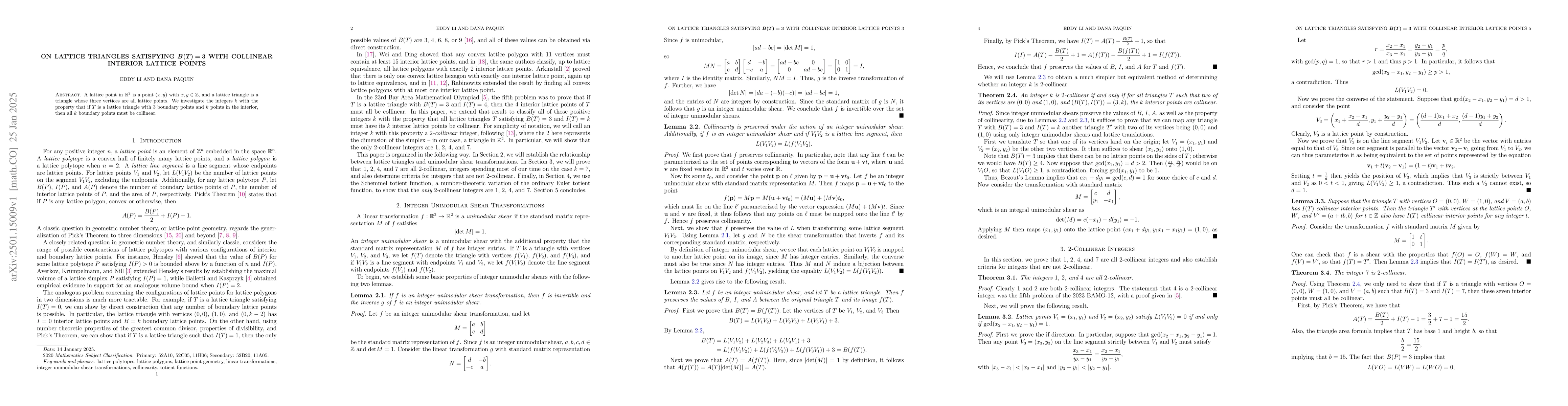 Thumbnail for On lattice triangles satisfying $\boldsymbol{B(T)=3}$ with collinear
  interior lattice points
