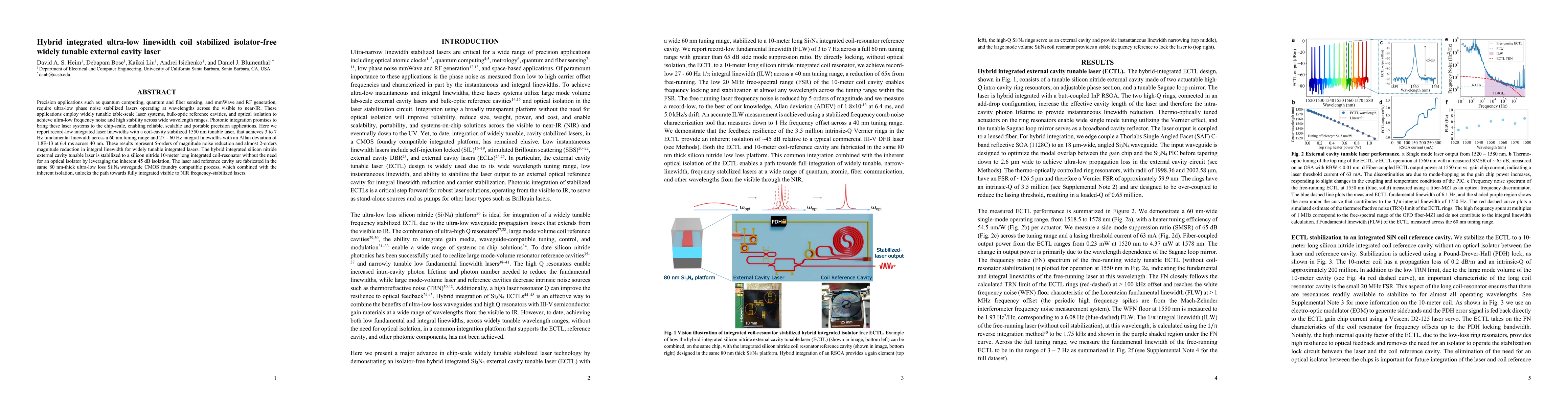 Thumbnail for Hybrid integrated ultra-low linewidth coil stabilized isolator-free
  widely tunable external cavity laser