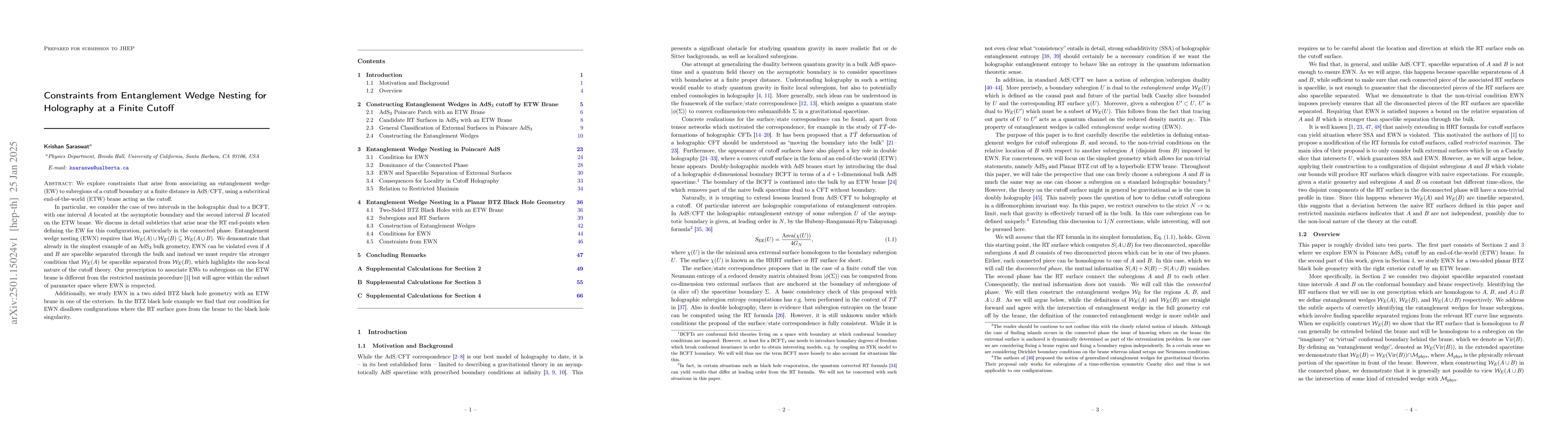 Thumbnail for Constraints from Entanglement Wedge Nesting for Holography at a Finite
  Cutoff