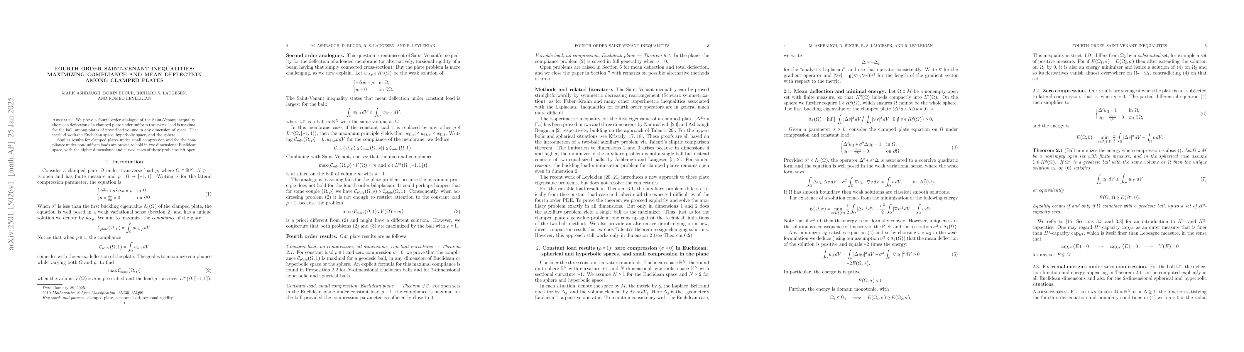 Thumbnail for Fourth order Saint-Venant inequalities: maximizing compliance and mean
  deflection among clamped plates