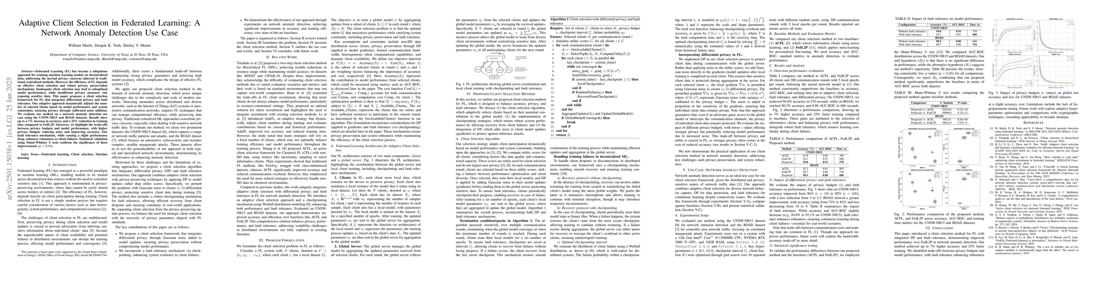 Thumbnail for Adaptive Client Selection in Federated Learning: A Network Anomaly
  Detection Use Case