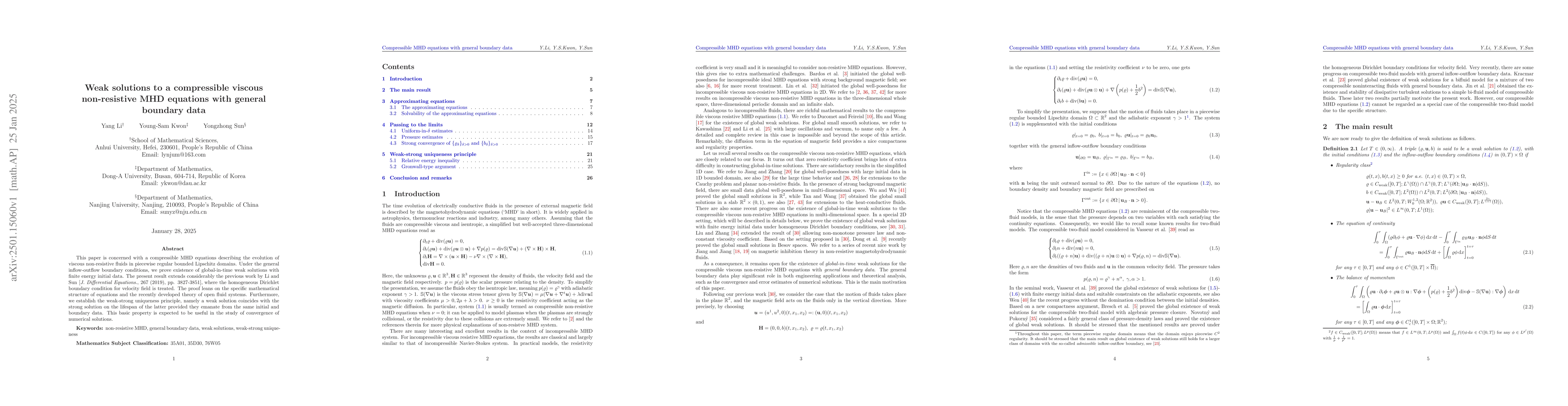 Thumbnail for Weak solutions to a compressible viscous non-resistive MHD equations
  with general boundary data
