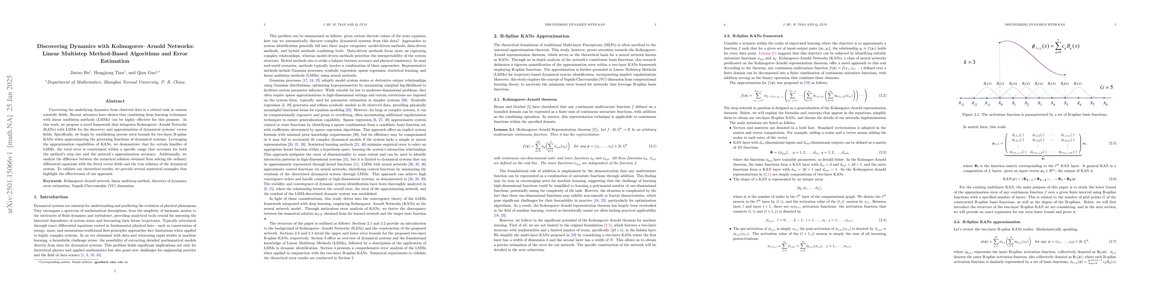 Thumbnail for Discovering Dynamics with Kolmogorov Arnold Networks: Linear Multistep
  Method-Based Algorithms and Error Estimation