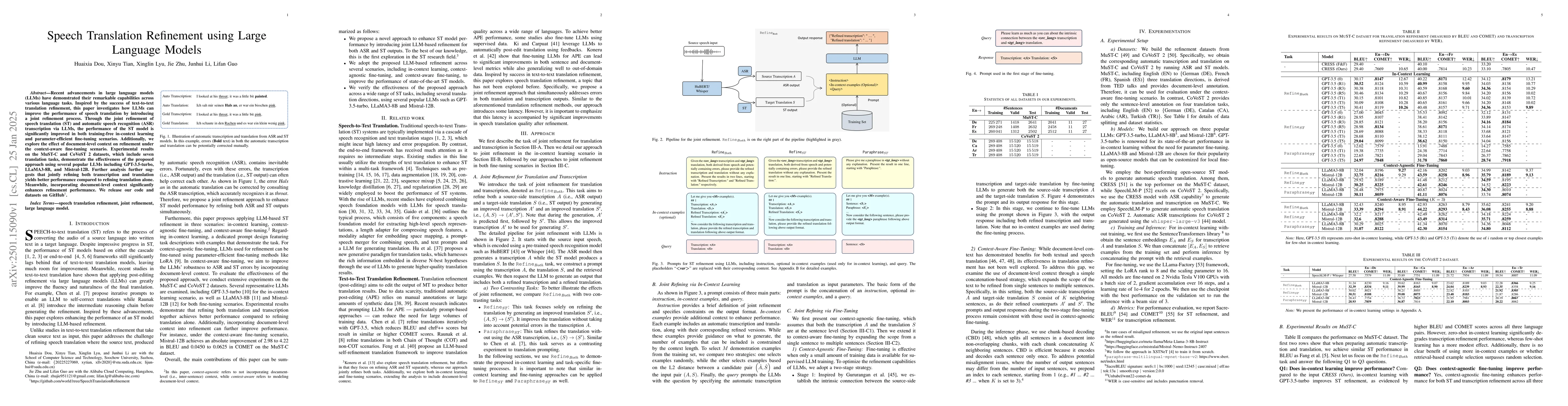 Thumbnail for Speech Translation Refinement using Large Language Models