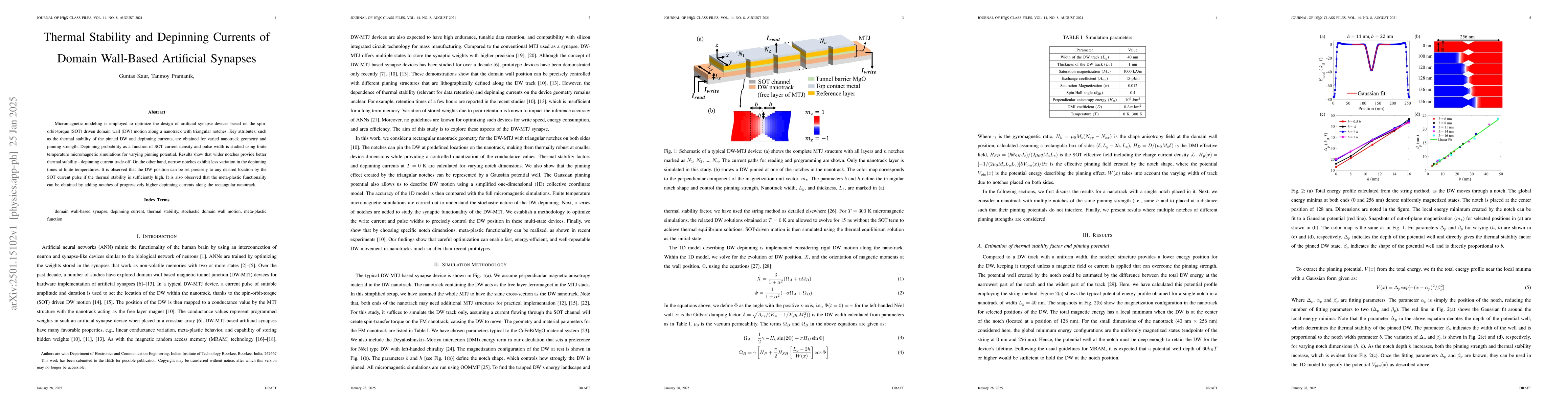 Thumbnail for Thermal Stability and Depinning Currents of Domain Wall-Based Artificial
  Synapses