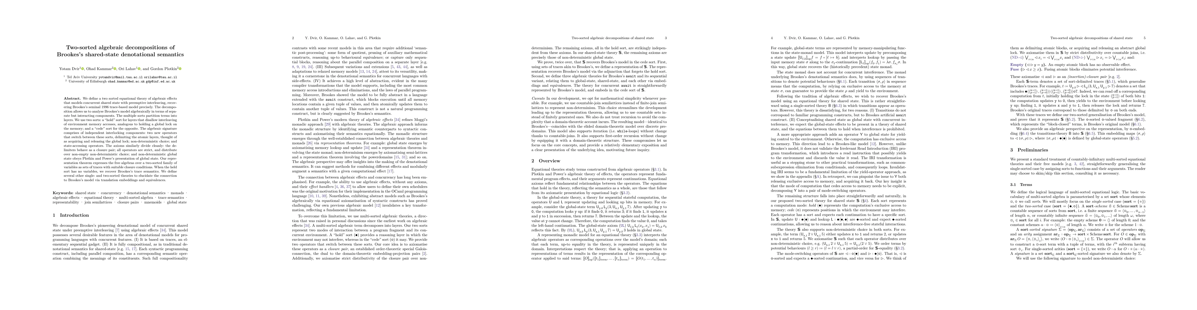 Thumbnail for Two-sorted algebraic decompositions of Brookes's shared-state
  denotational semantics