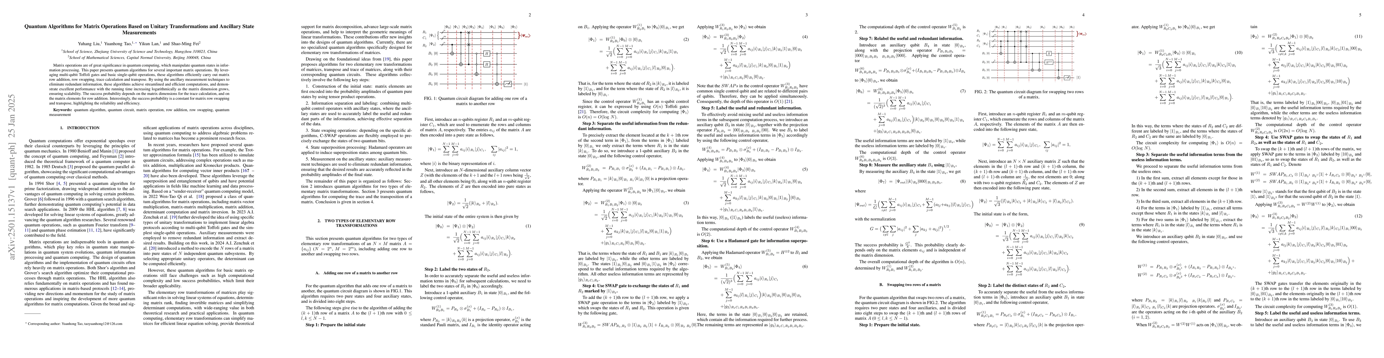 Thumbnail for Quantum Algorithms for Matrix Operations Based on Unitary
  Transformations and Ancillary State Measurements