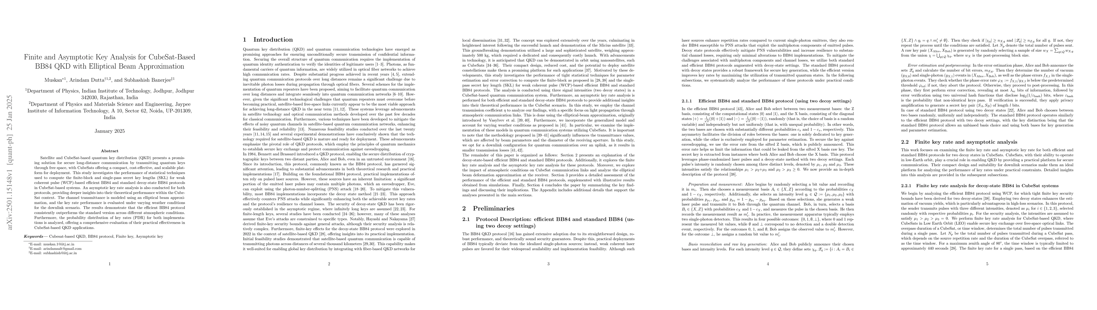 Thumbnail for Finite and Asymptotic Key Analysis for CubeSat-Based BB84 QKD with
  Elliptical Beam Approximation