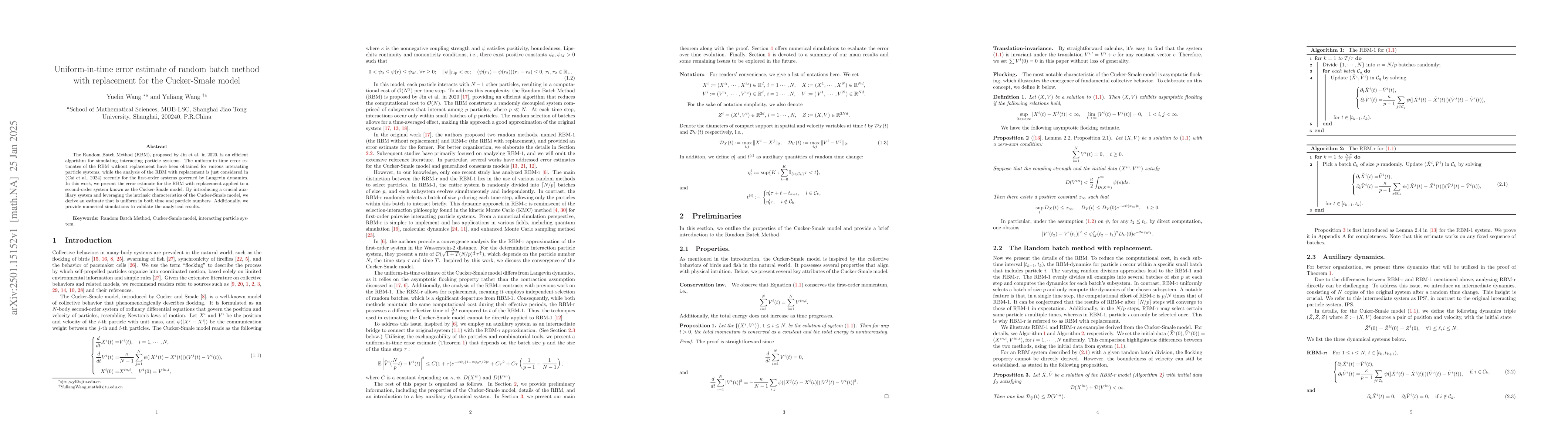Thumbnail for Uniform-in-time error estimate of random batch method with replacement
  for the Cucker-Smale model