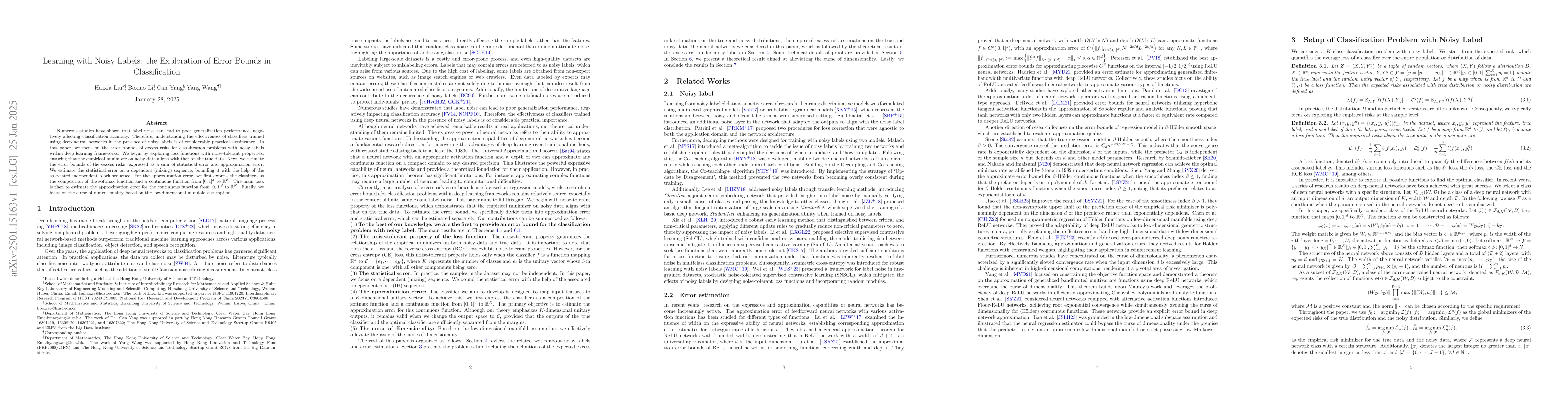 Thumbnail for Learning with Noisy Labels: the Exploration of Error Bounds in
  Classification