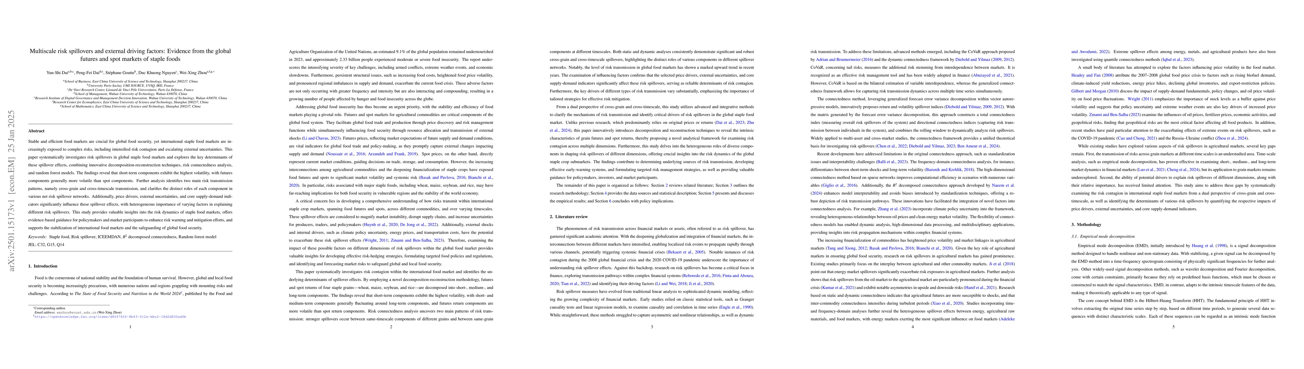 Thumbnail for Multiscale risk spillovers and external driving factors: Evidence from
  the global futures and spot markets of staple foods