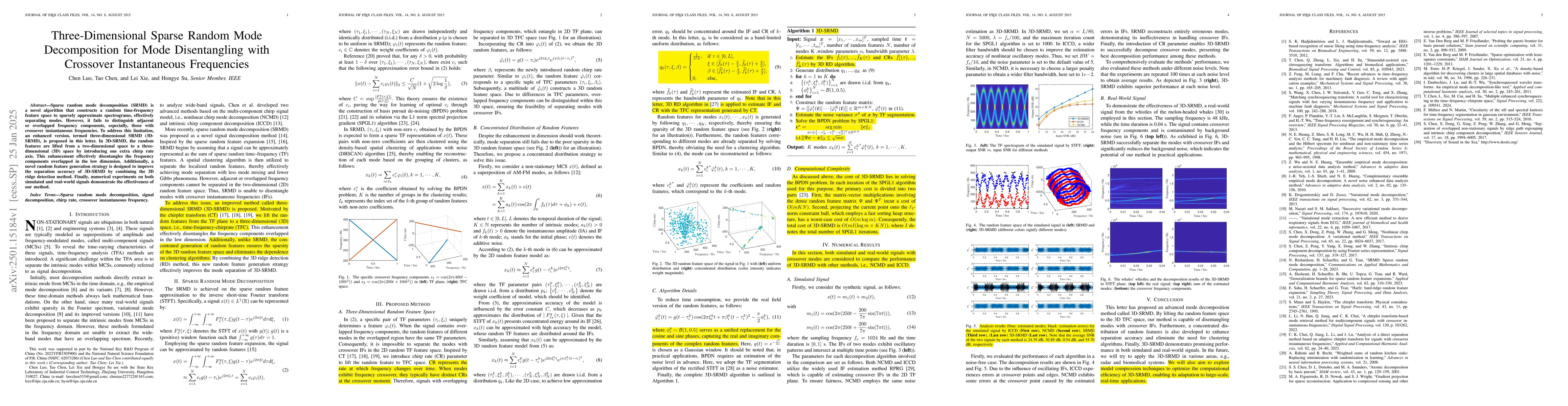 Thumbnail for Three-Dimensional Sparse Random Mode Decomposition for Mode
  Disentangling with Crossover Instantaneous Frequencies