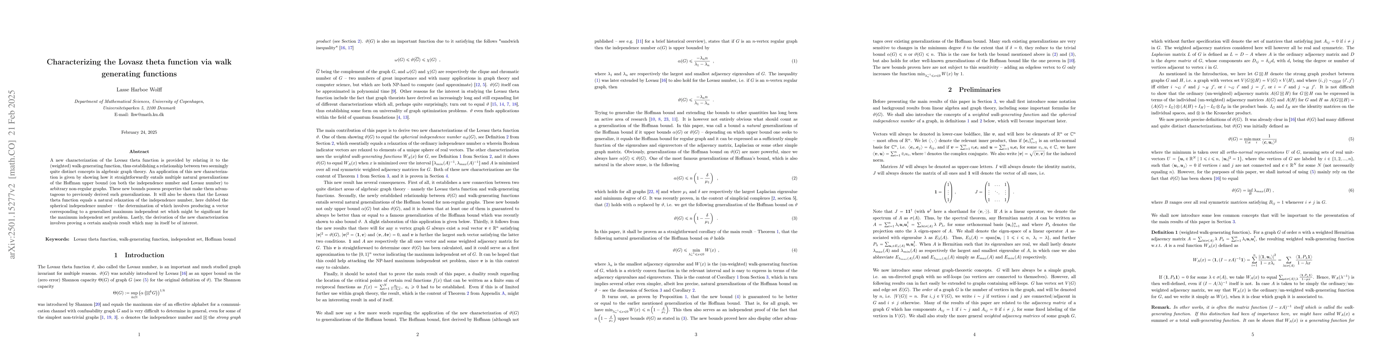 Thumbnail for Characterizing the Lovasz theta function via walk generating functions