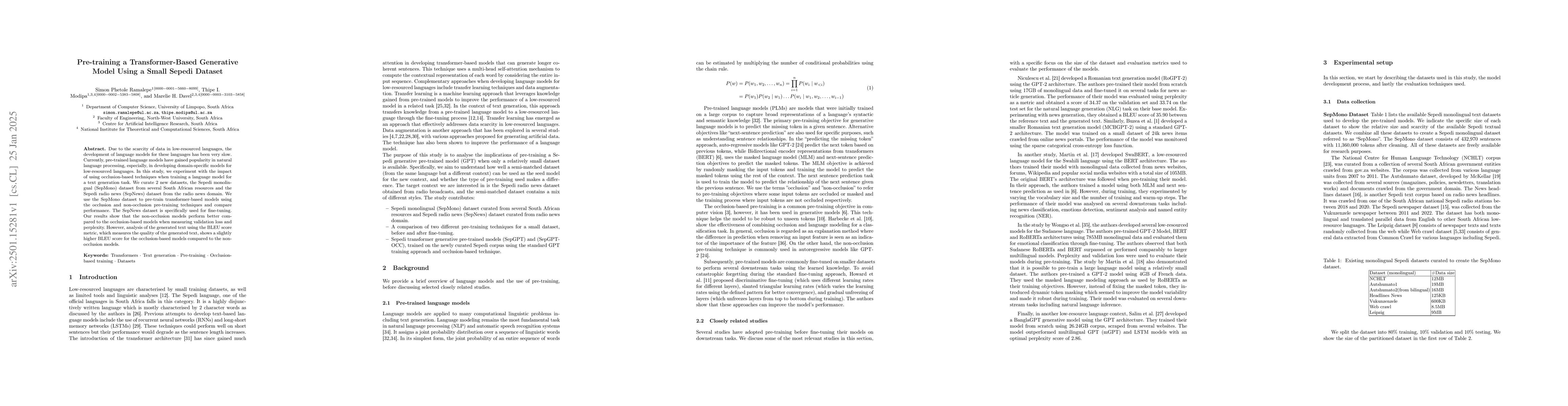Thumbnail for Pre-training a Transformer-Based Generative Model Using a Small Sepedi
  Dataset