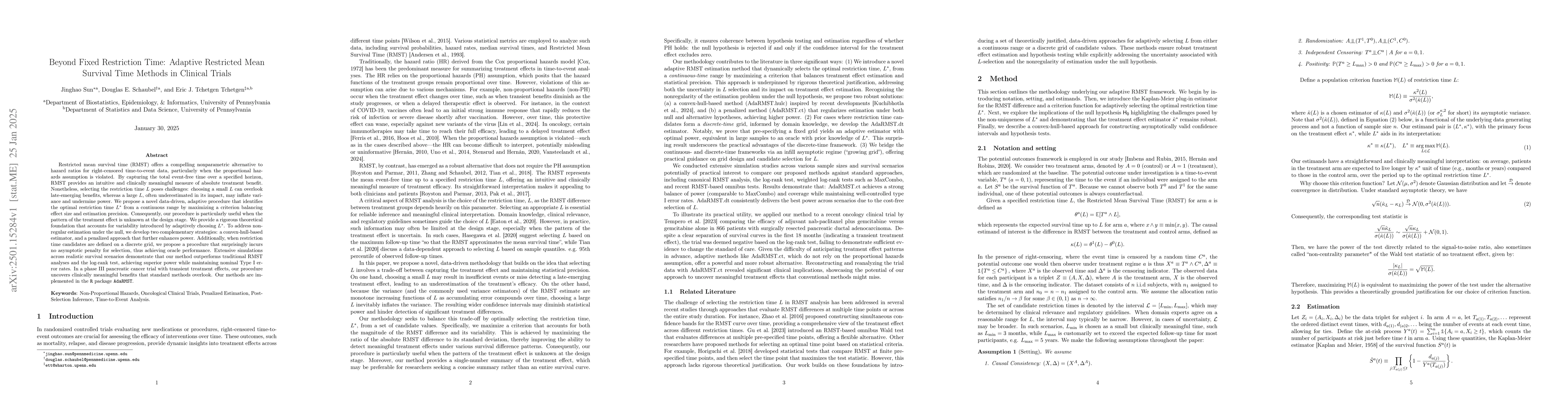 Thumbnail for Beyond Fixed Restriction Time: Adaptive Restricted Mean Survival Time
  Methods in Clinical Trials