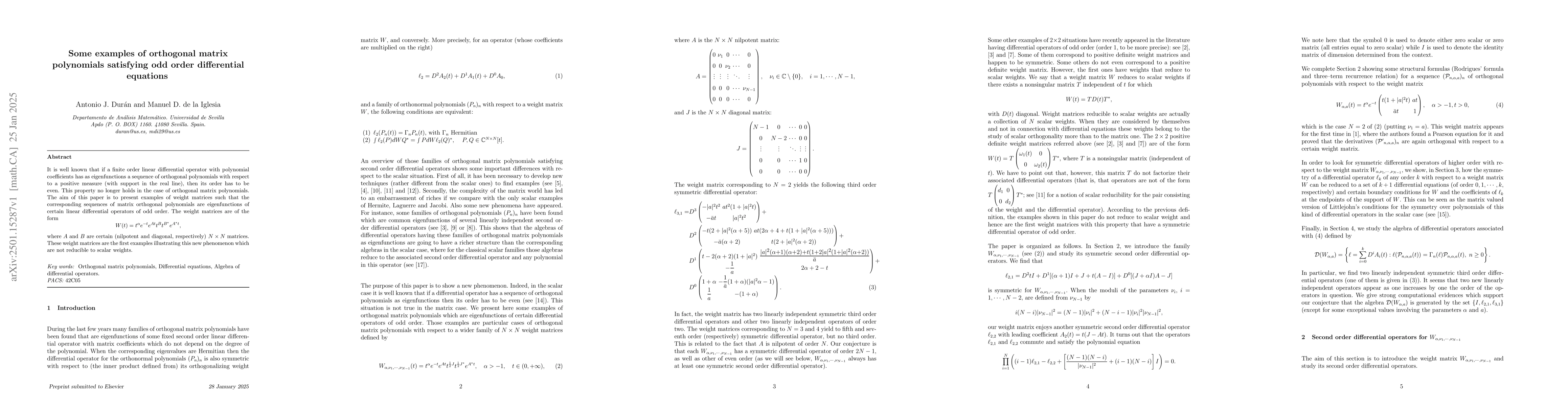 Thumbnail for Some examples of orthogonal matrix polynomials satisfying odd order
  differential equations