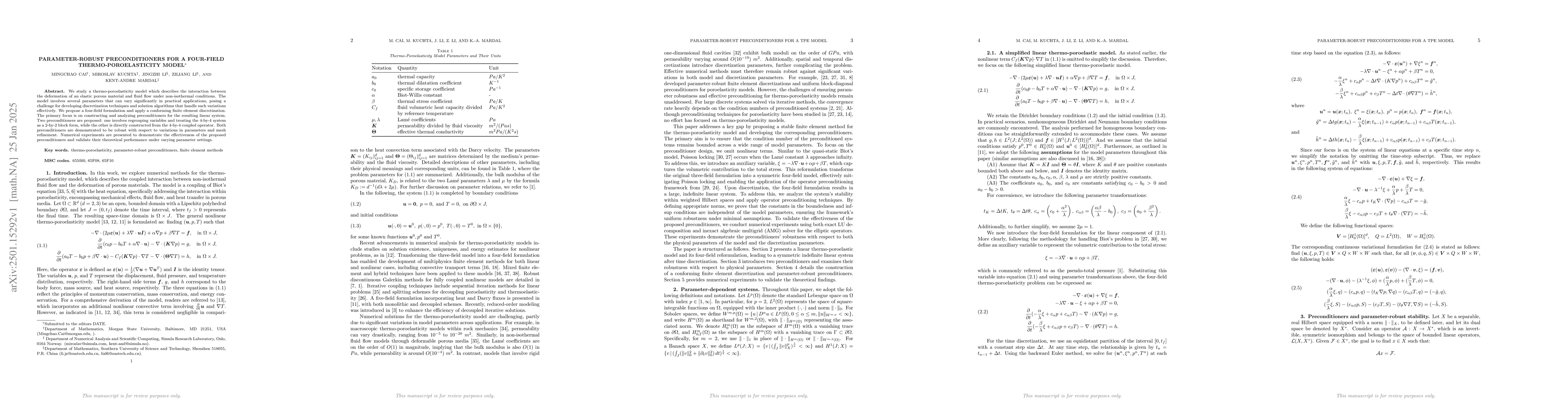 Thumbnail for Parameter-Robust Preconditioners for A Four-Field Thermo-Poroelasticity
  Model