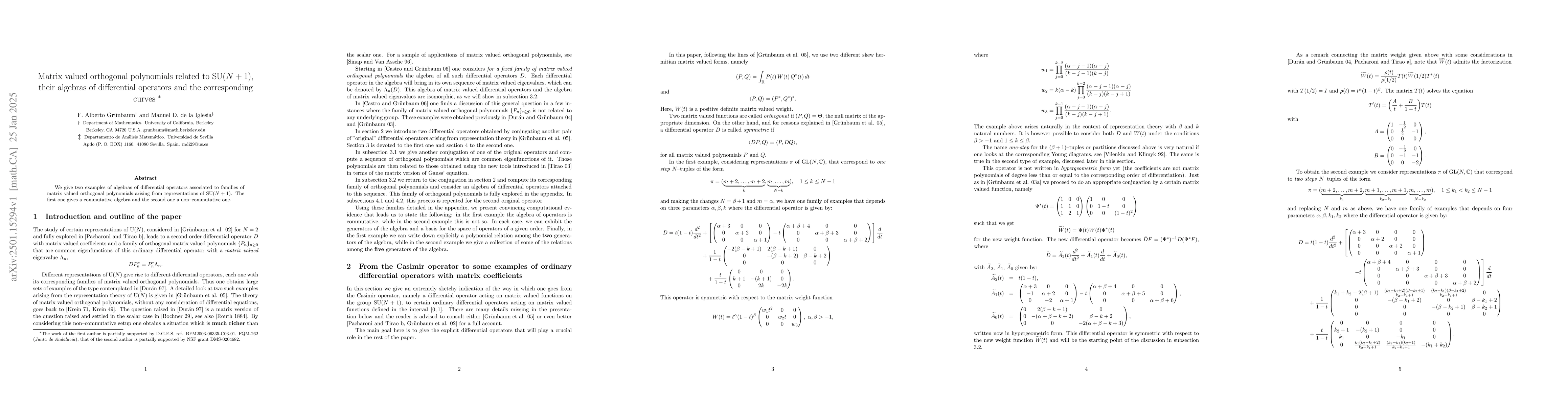 Thumbnail for Matrix valued orthogonal polynomials related to SU$(N+1)$, their
  algebras of differential operators and the corresponding curves