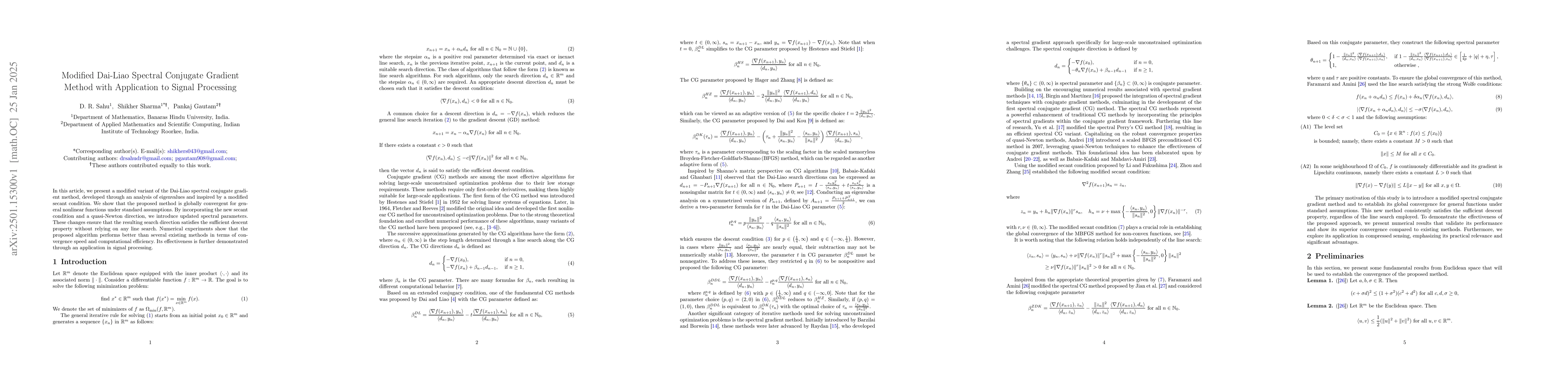 Thumbnail for Modified Dai-Liao Spectral Conjugate Gradient Method with Application to
  Signal Processing
