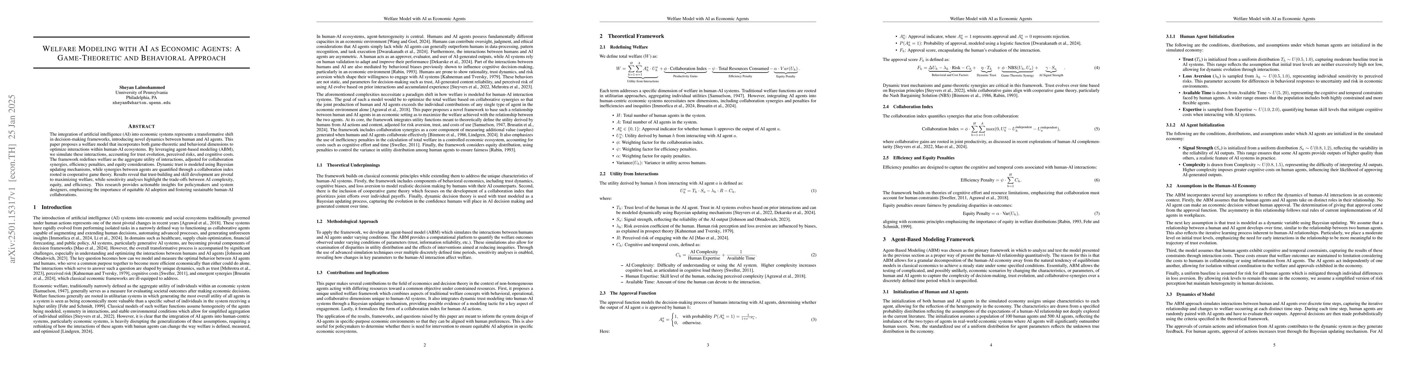 Thumbnail for Welfare Modeling with AI as Economic Agents: A Game-Theoretic and
  Behavioral Approach