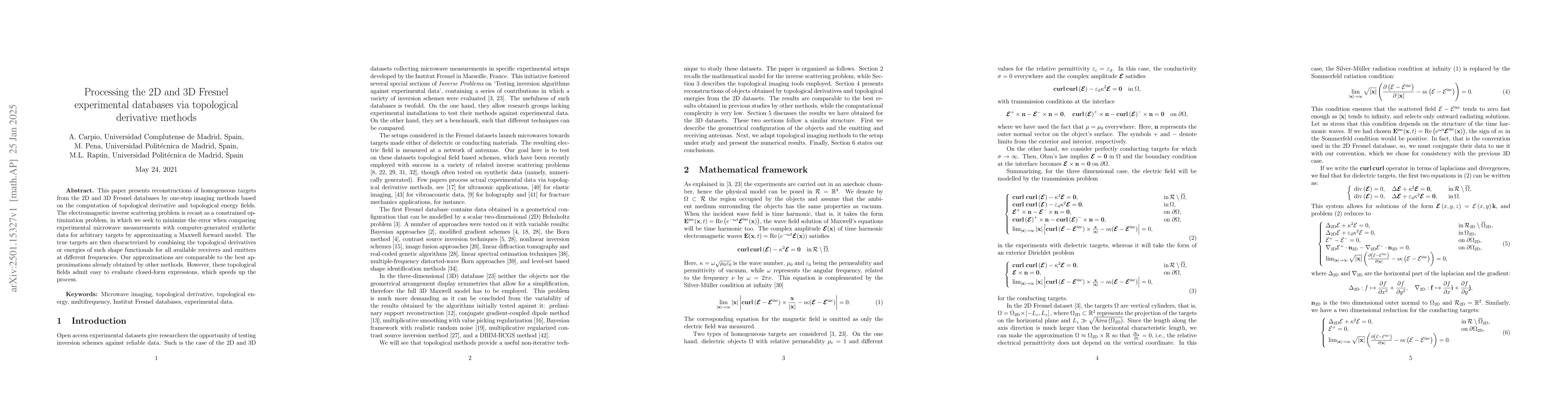 Thumbnail for Processing the 2D and 3D Fresnel experimental databases via topological
  derivative methods