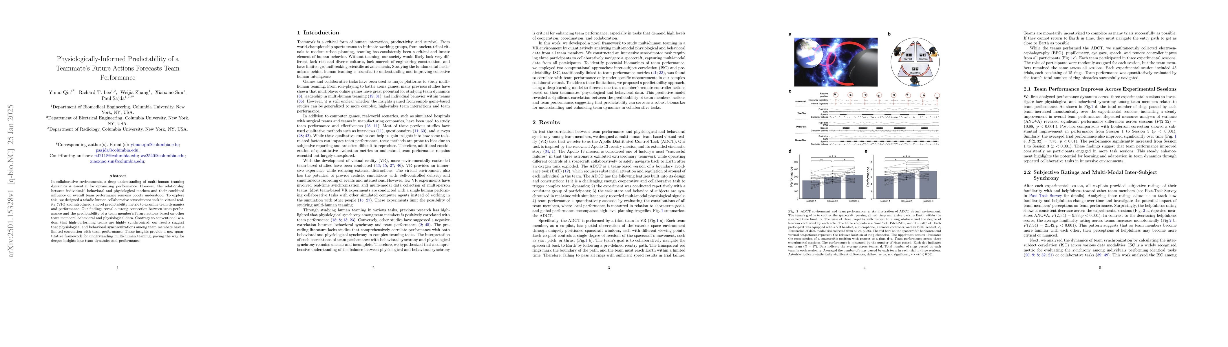 Thumbnail for Physiologically-Informed Predictability of a Teammate's Future Actions
  Forecasts Team Performance