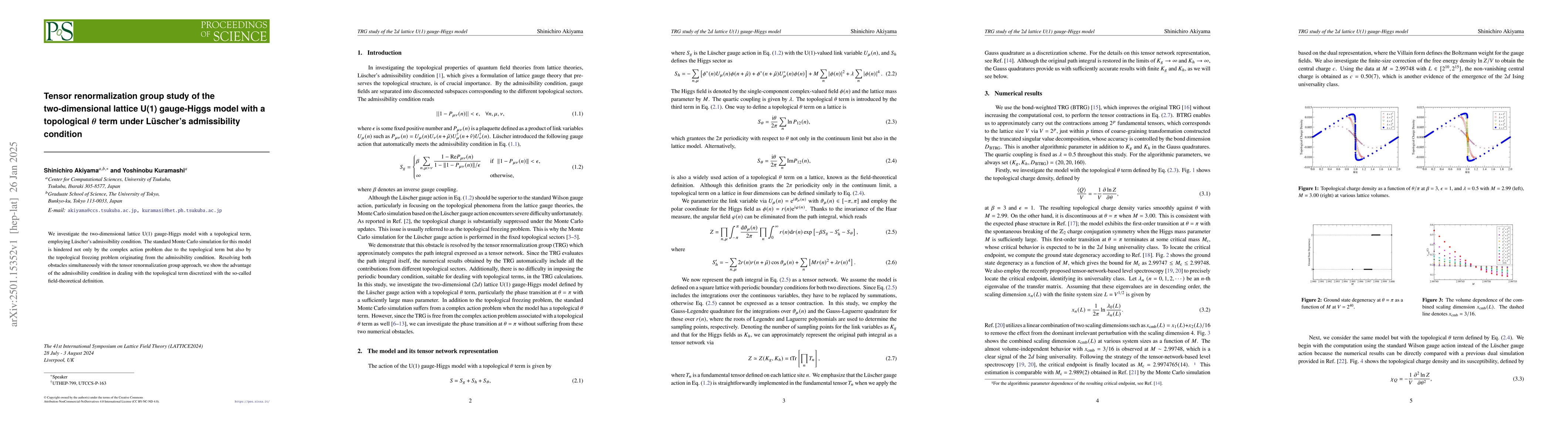 Thumbnail for Tensor renormalization group study of the two-dimensional lattice U(1)
  gauge-Higgs model with a topological $θ$ term under Lüscher's
  admissibility condition