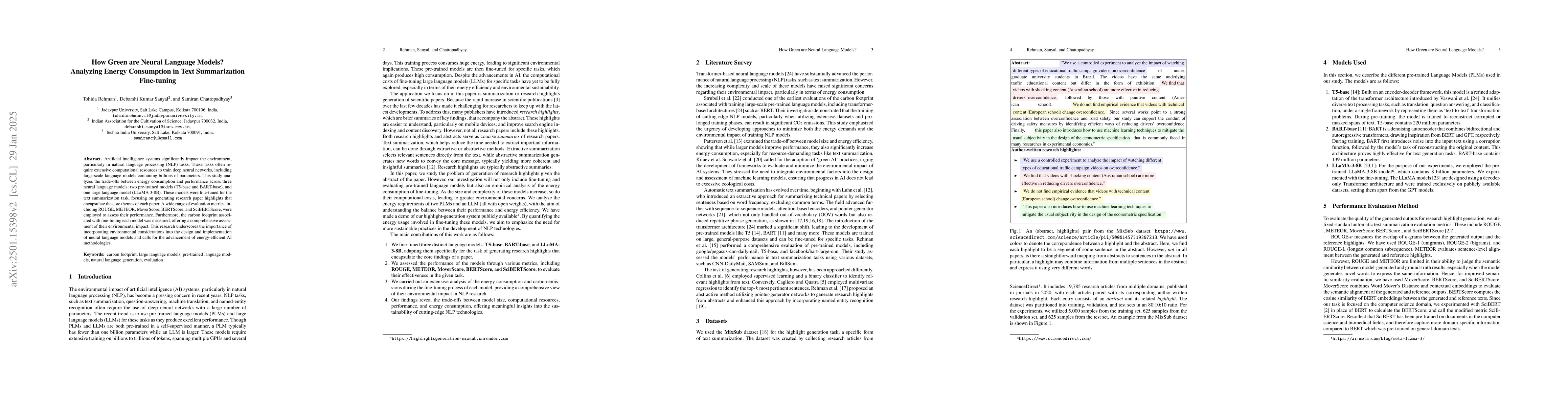 Thumbnail for How Green are Neural Language Models? Analyzing Energy Consumption in
  Text Summarization Fine-tuning