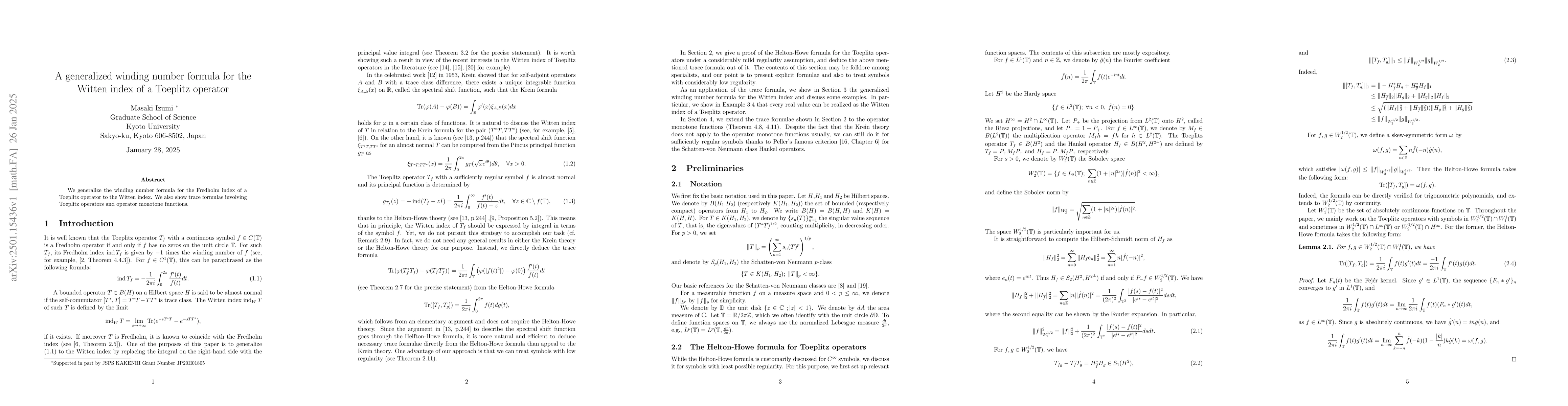 Thumbnail for A generalized winding number formula for the Witten index of a Toeplitz
  operator