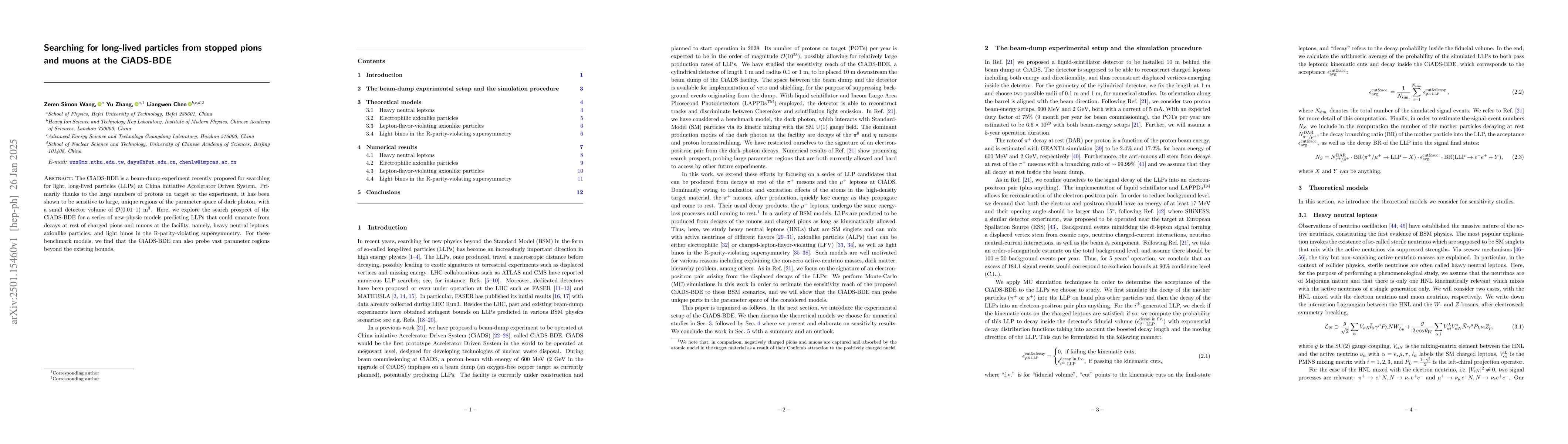 Thumbnail for Searching for long-lived particles from stopped pions and muons at the
  CiADS-BDE